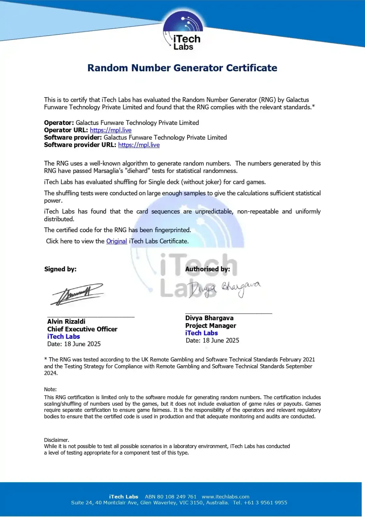 Independent Random Number Generator Certification and Fair Gaming Standards